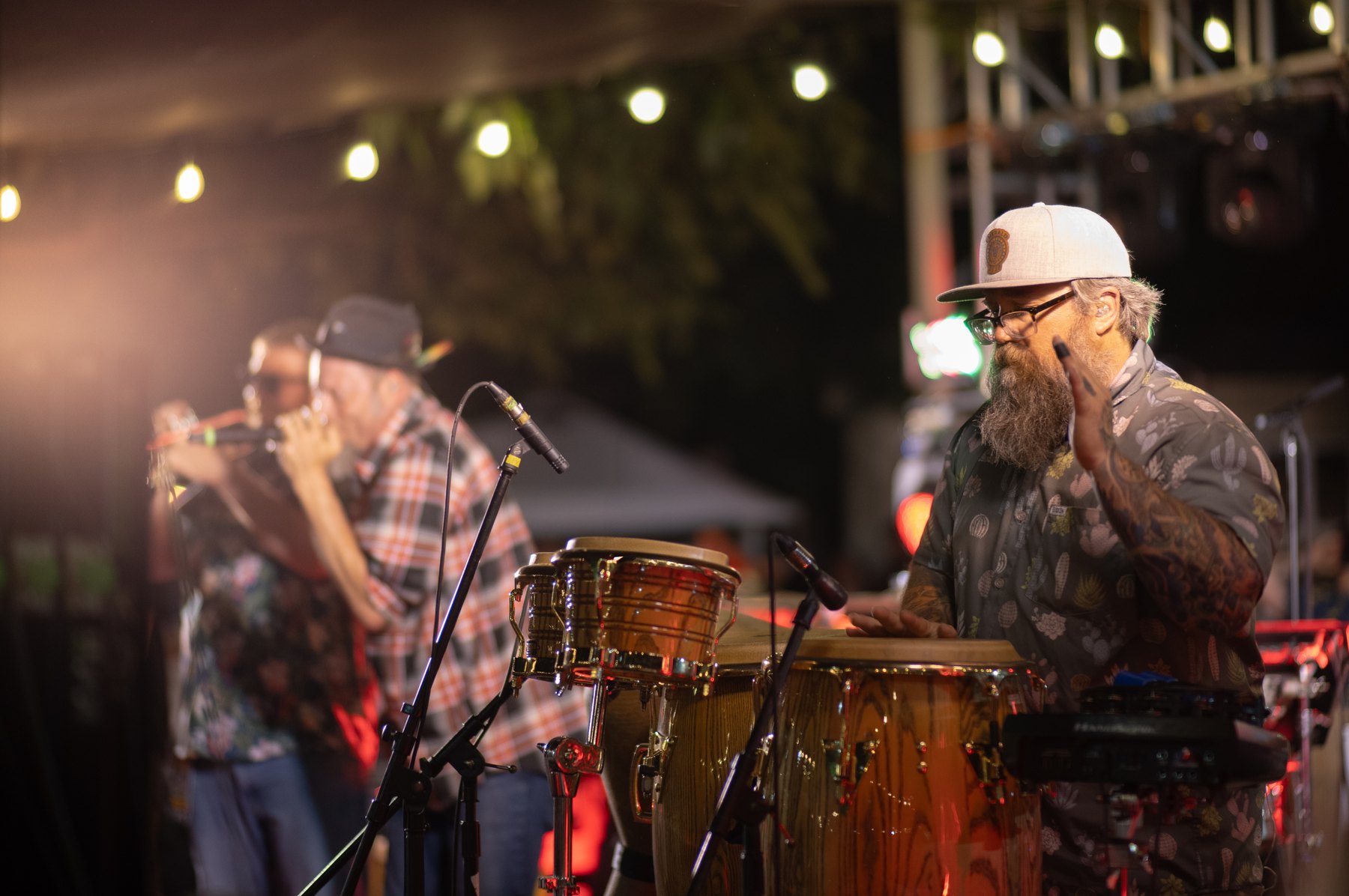 Percussion performance under stage lighting at Reggae on the Creek
